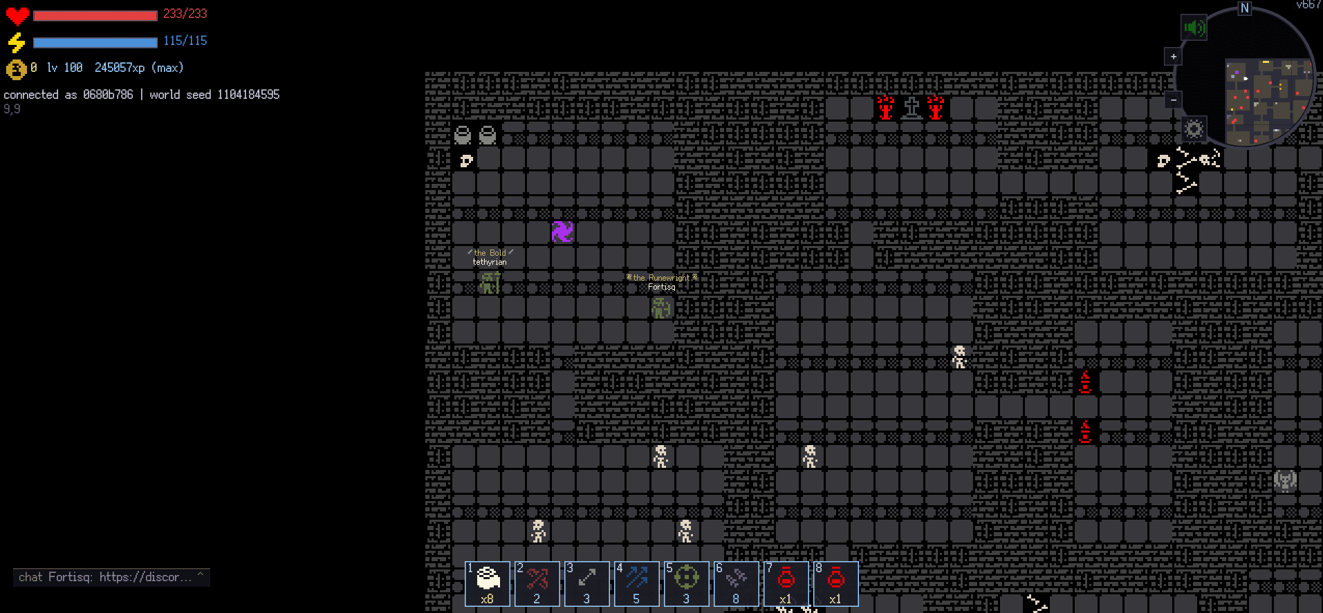 Two players in a stone dungeon with skeletons and braziers