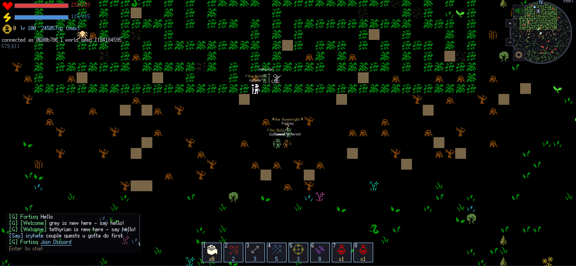 Players gathered at a hermit's camp in the wilds